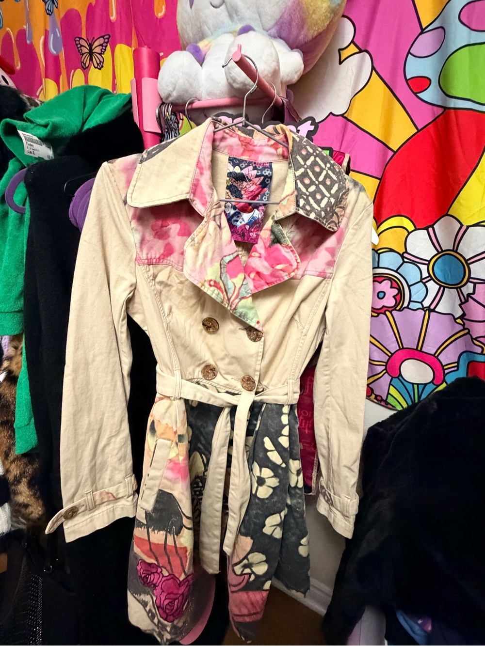 Desigual Beige Trench Coat with Pink Floral & Multicolor Accents